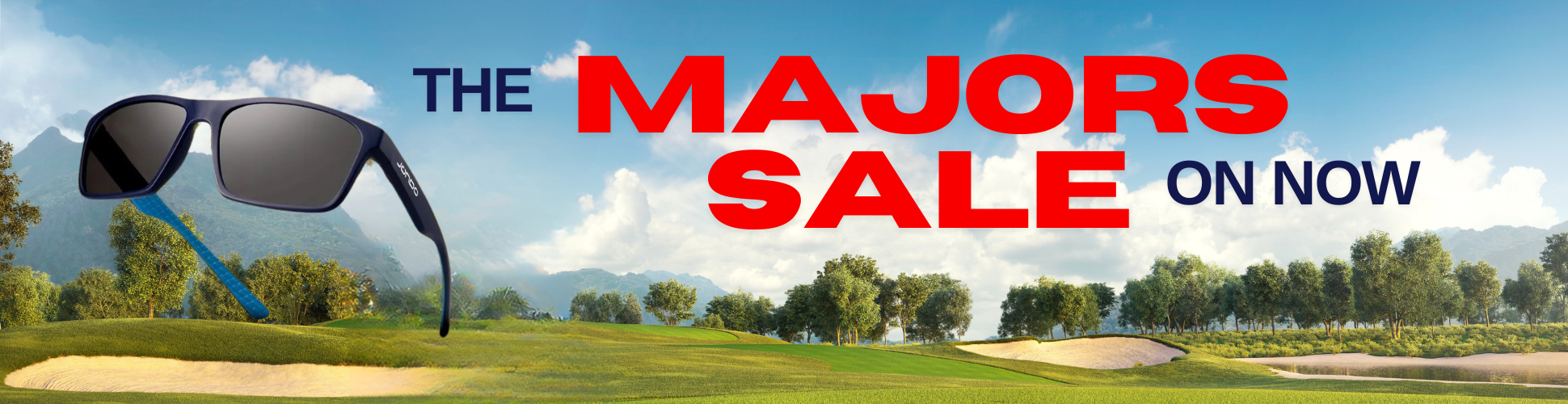 Jondo Sports major sale banner featuring sunglasses on a golf course